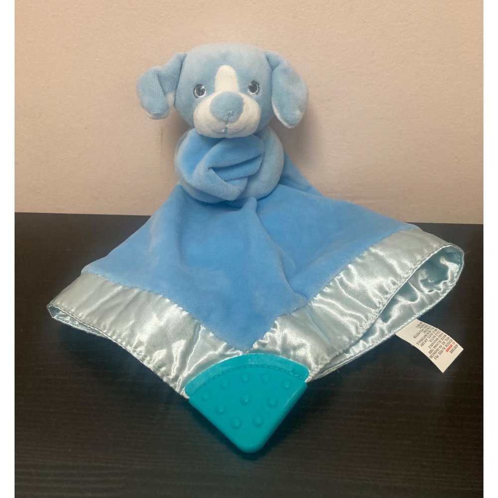 Gund Baby Blue Puppy Lovey With Satin Trim & Teether 12 Inches Security Blanket